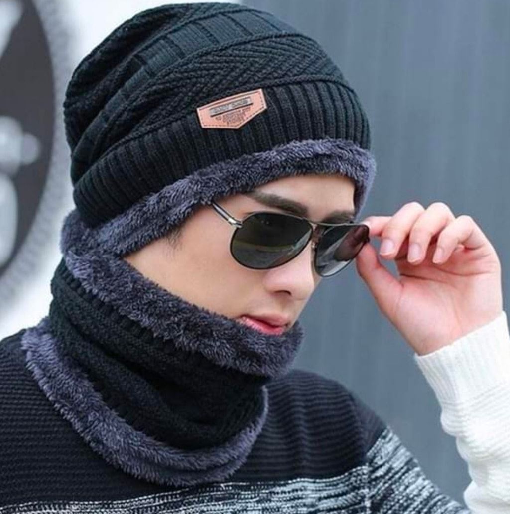 Fleece Warm Woolen Beanie Cap Sport Hat & Neck Scarf Set 2 Piece