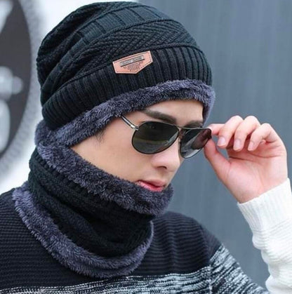Fleece Warm Woolen Beanie Cap Sport Hat & Neck Scarf Set 2 Piece